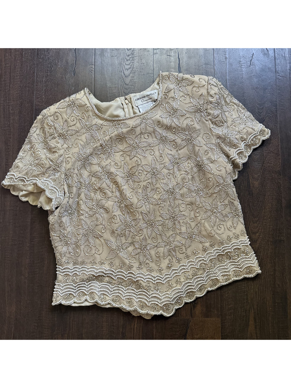 Vintage Adrianna Papell 100% Silk Beaded Pearl Floral Blouse Champagne Size 16